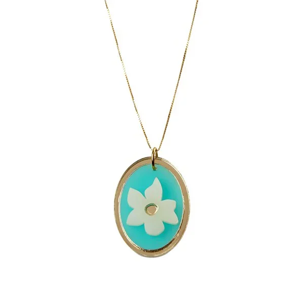 Van Gogh Ketting verguld met ovale hanger blauw met witte Amandelbloesem